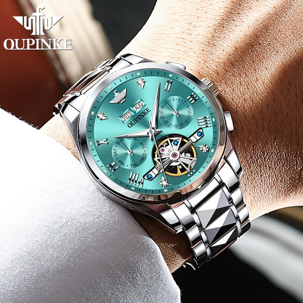 OUPINKE Tungsten Steel Automatic Mechanical Watch Men's 5Bar Waterproof Multi-functional Tourbillon Watches Relogio