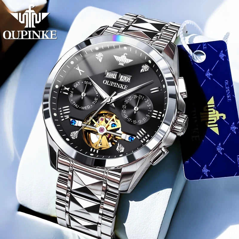 OUPINKE 3186 Original Luxury Man Watch Skeleton Flywheel Automatic Mechanical Watch for Men Waterproof Luminous Dress Wristwatch