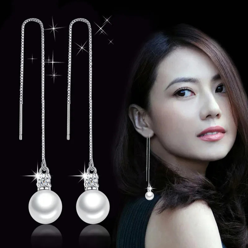 Real 925 Sterling Silver Crystal Pearl Pendant Necklace Long Drop Earrings Jewelry Sets For Women New Trendy FQL23091