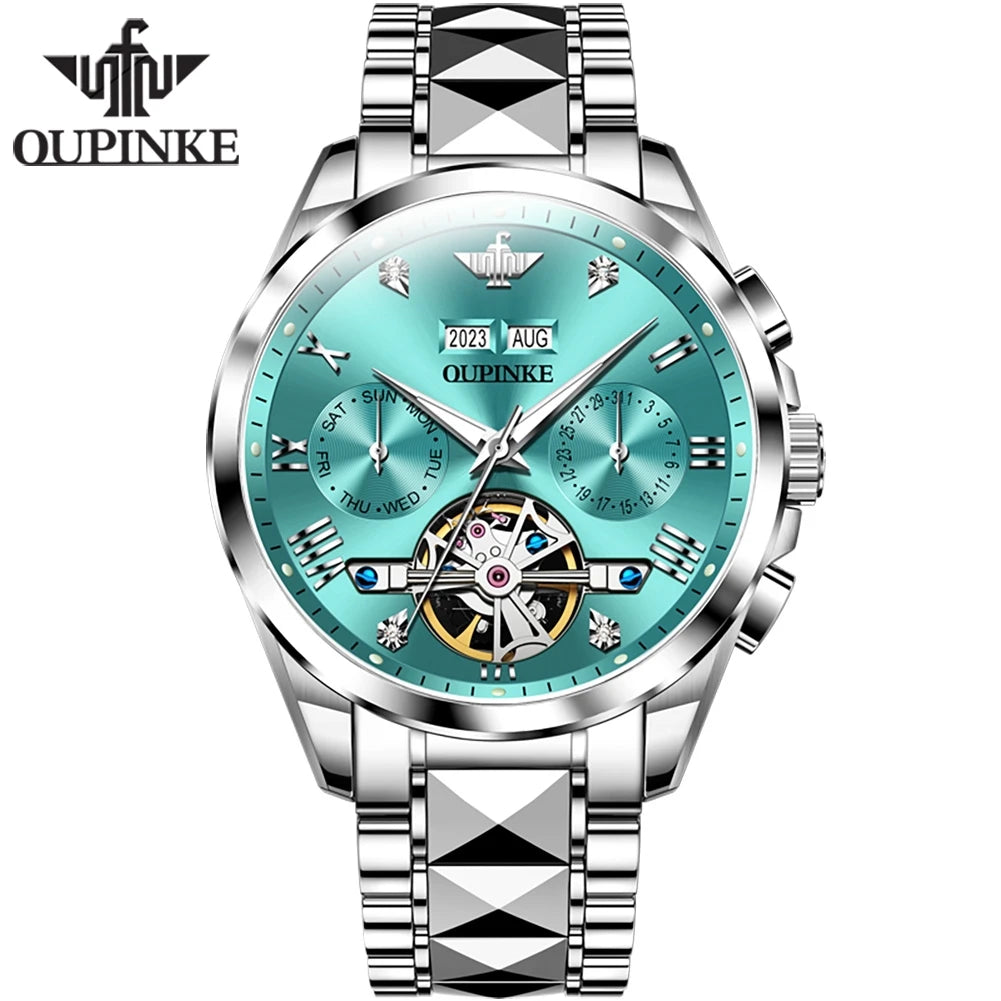 OUPINKE Tungsten Steel Automatic Mechanical Watch Men's 5Bar Waterproof Multi-functional Tourbillon Watches Relogio