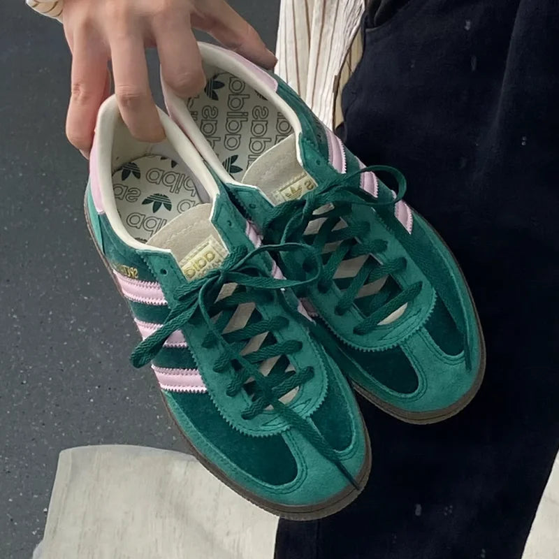 Adidas JI2648 Ladies Retro Casual Trainers Green Pink White Three Stripes Velvet Suede Lightweight Rubber Sole Daily  Sneakers