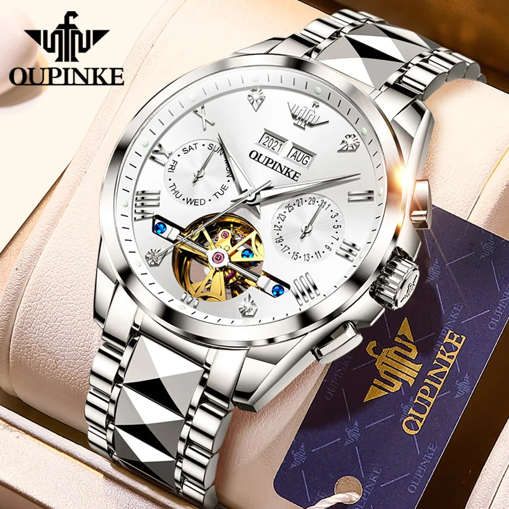 OUPINKE 3186 Men's Watches Skeleton Flywheel Automatic Mechanical Watch for Men Luxury Brand Dual Calendar Display Wristwatch