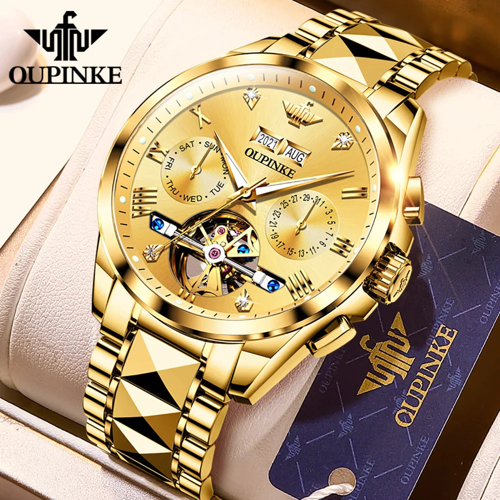 OUPINKE 3186 Men's Watches Skeleton Flywheel Automatic Mechanical Watch for Men Luxury Brand Dual Calendar Display Wristwatch