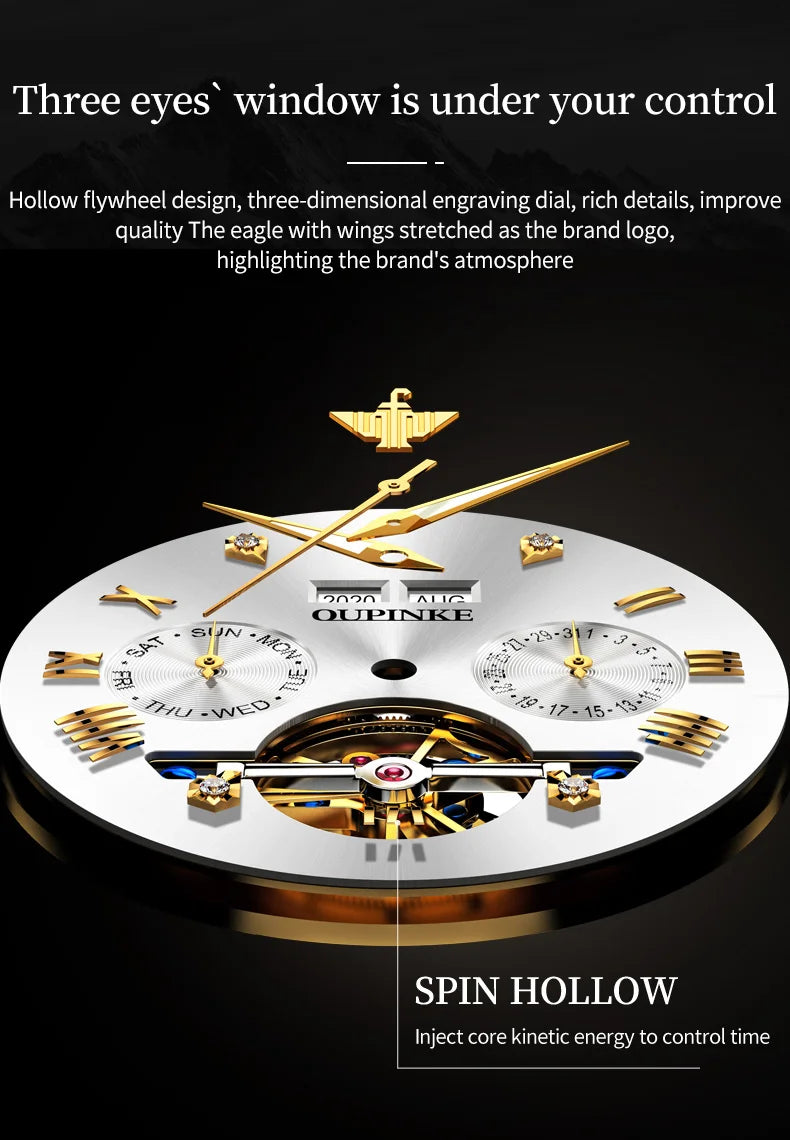 OUPINKE 3186 Men Watches Multifunctional Gold Tungsten steel Flywheel Waterproof Dual Calendar Display Male Wristwatch Classic