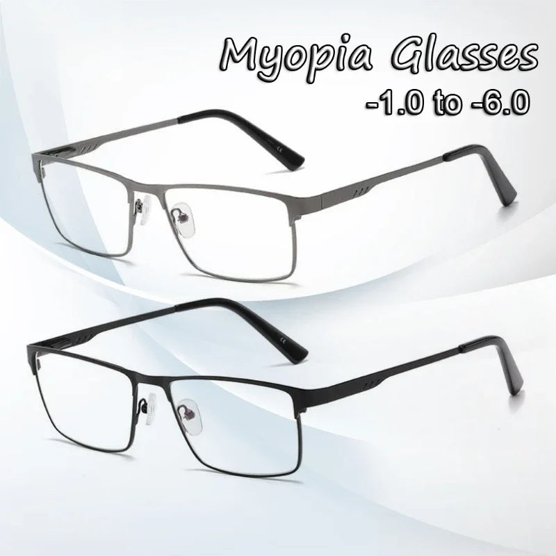 Men Square Metal Large Frame Myopia Glasses Spring Leg Elderly Near Sight Eyewear Blue Light Blocking Eye Protection Eyeglasses