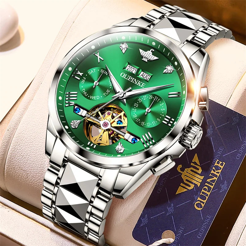 OUPINKE Tungsten Steel Automatic Mechanical Watch Men's 5Bar Waterproof Multi-functional Tourbillon Watches Relogio