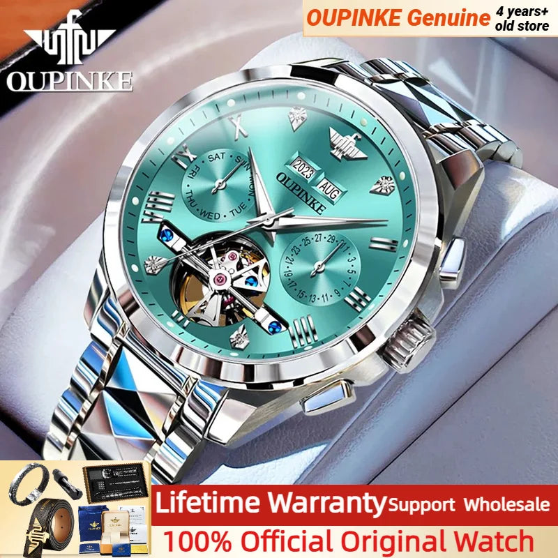 OUPINKE 3186 Men's Watches Skeleton Flywheel Automatic Mechanical Watch for Men Luxury Brand Dual Calendar Display Wristwatch