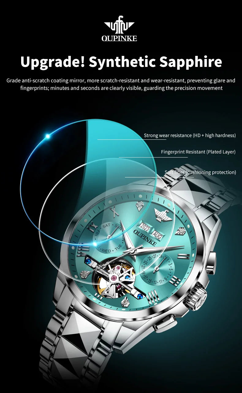 OUPINKE 3186 Men's Watches Skeleton Flywheel Automatic Mechanical Watch for Men Luxury Brand Dual Calendar Display Wristwatch