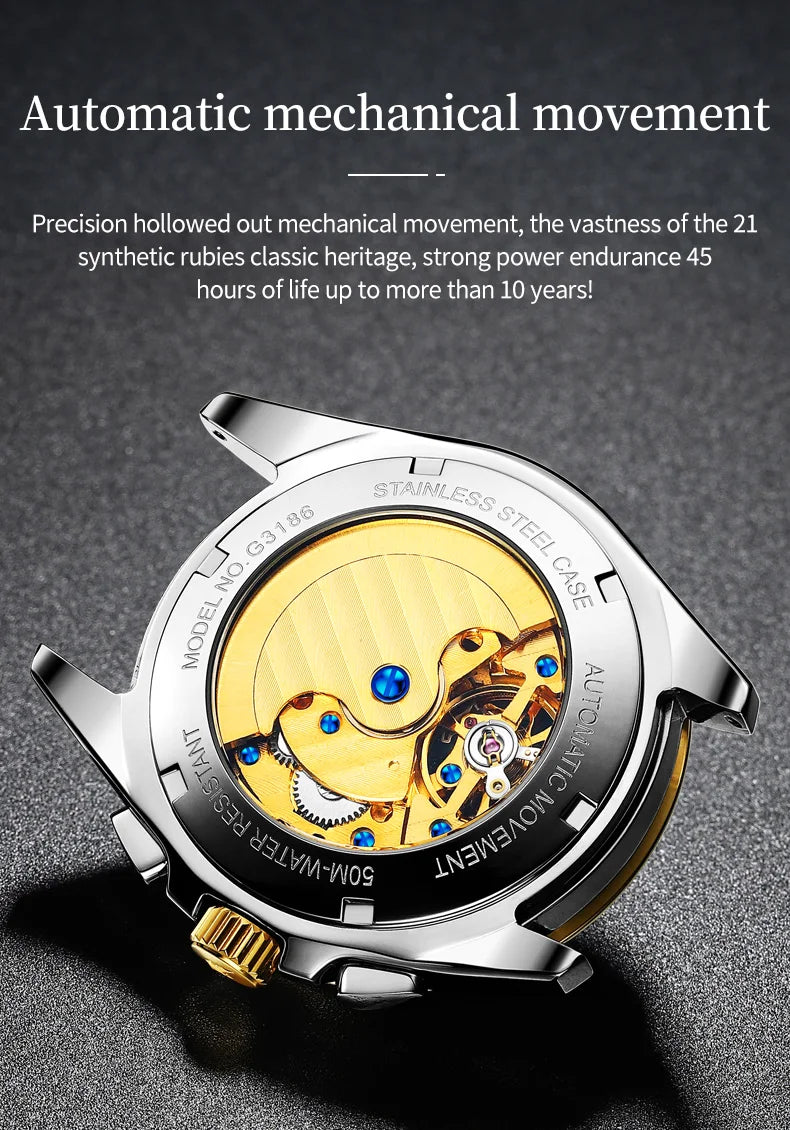 OUPINKE 3186 Men Watches Multifunctional Gold Tungsten steel Flywheel Waterproof Dual Calendar Display Male Wristwatch Classic