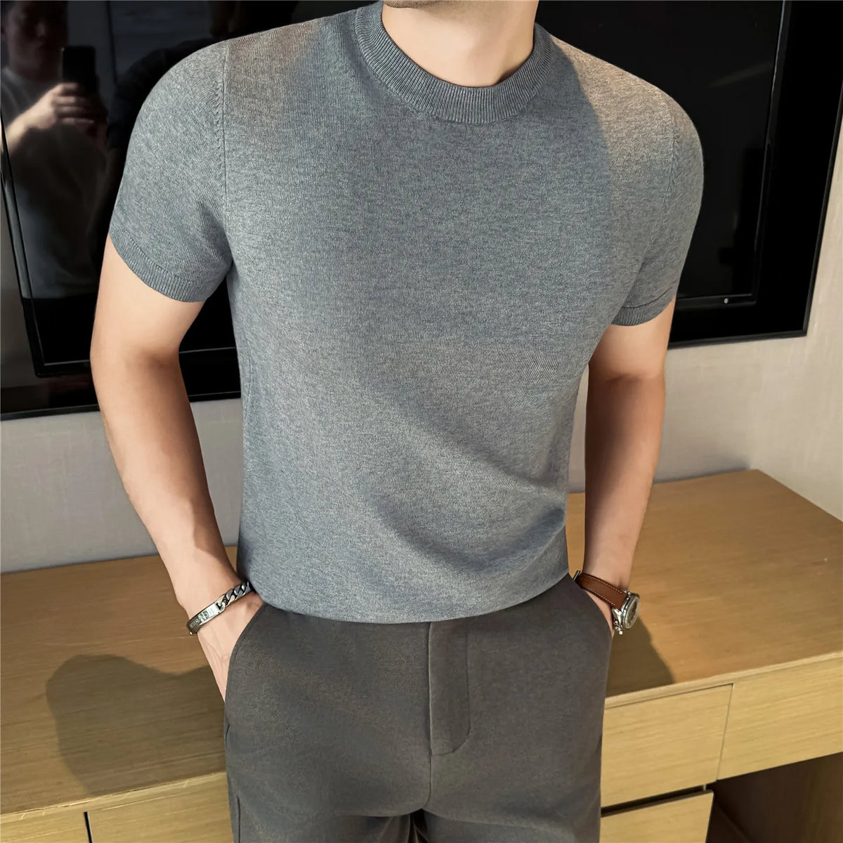 Men's High-Quality Solid Color Short Sleeve Knit T-Shirt - Slim Fit Round Neck Thickened Casual Top