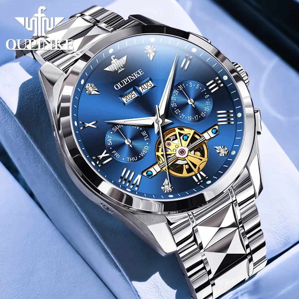 OUPINKE Men's Watches Top Brand Luxury Classic Original Automatic Mechanical Wristwatch Sapphire Mirror Tungsten Steel Calendar