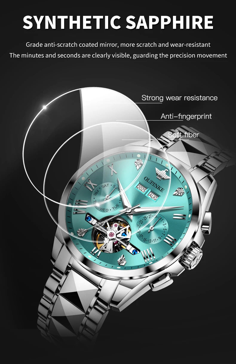 OUPINKE 3240 Skeleton Men's Watches 50m Waterproof Automatic Mechanical Watch Sapphire Luminous Date Tungsten Steel Brand Watch
