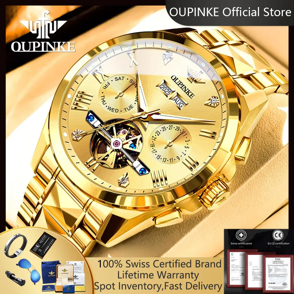 OUPINKE 3240 Skeleton Flywheel Multifunctional Automatic Mechanical Watches for Men 44mm Large Dial Tungsten Steel Luxury Watch
