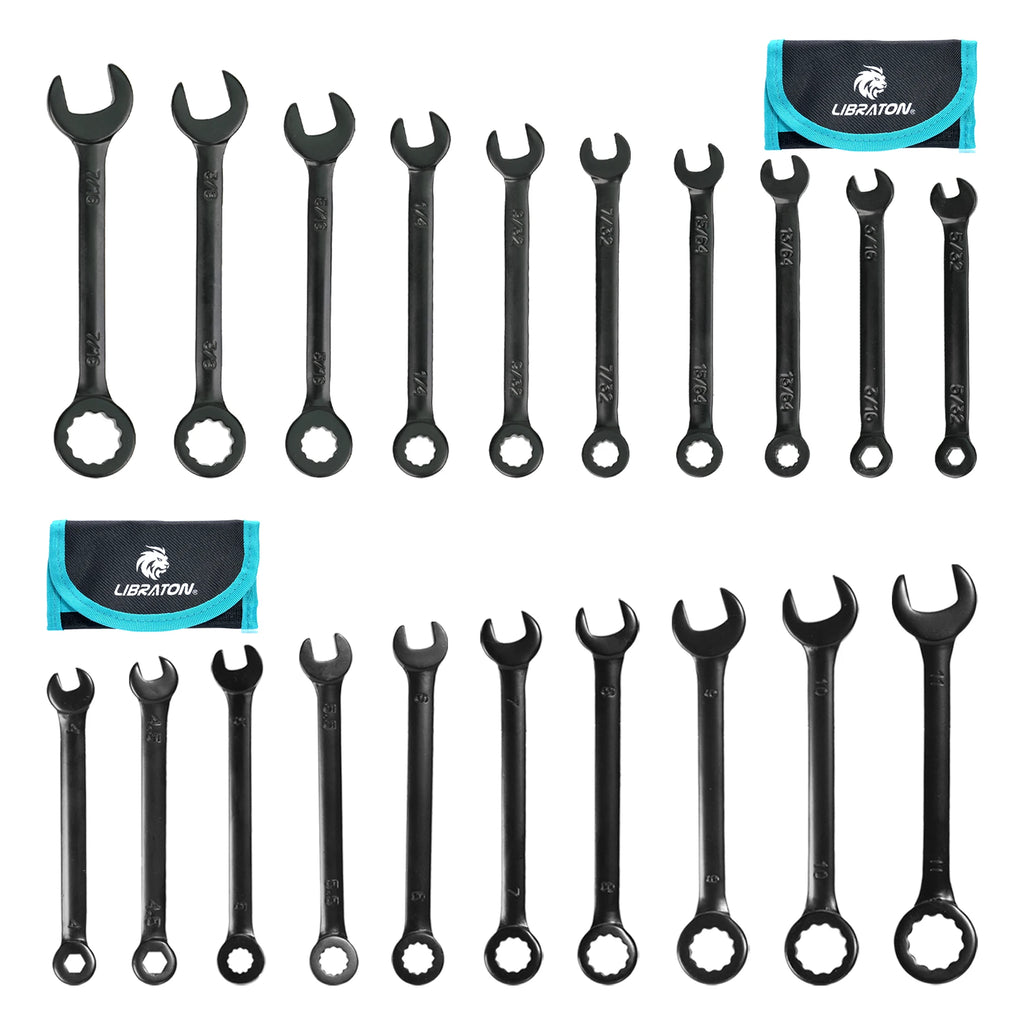 LIBRATON 20PCS Mini Wrench Set Metric 4-11mm & SAE 5/32''-7/16'' Open End and Box End Carbon Steel Lightweight Organizer Pouch