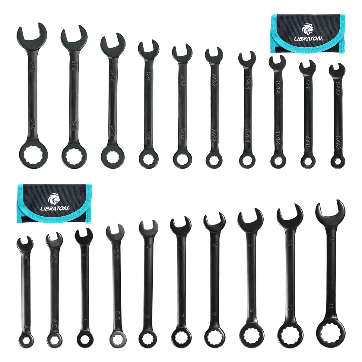 LIBRATON 20PCS Mini Wrench Set Metric 4-11mm & SAE 5/32''-7/16'' Open End and Box End Carbon Steel Lightweight Organizer Pouch