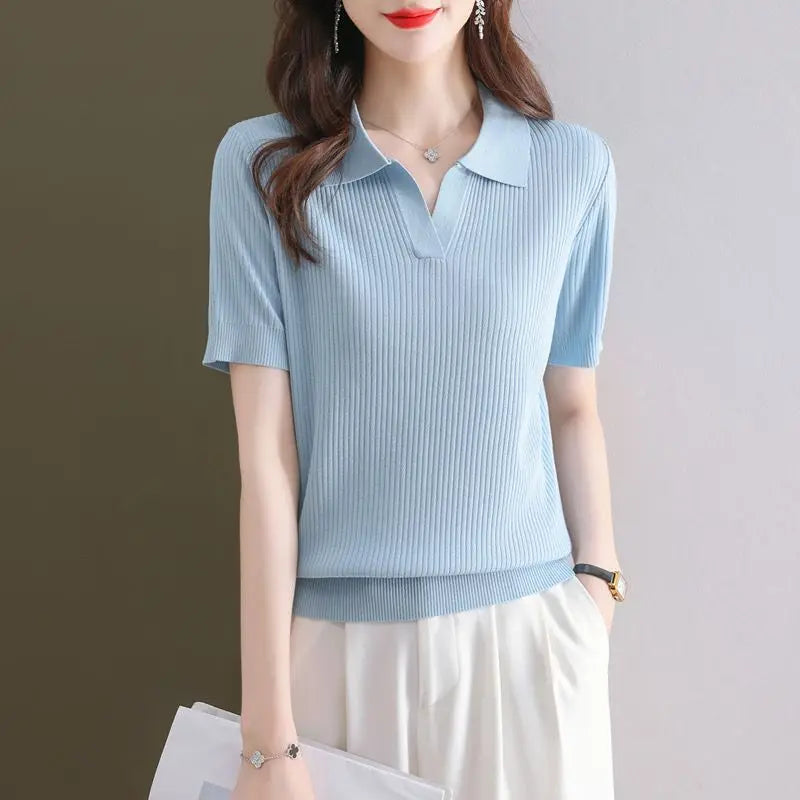 Knitted Short-sleeved T-shirt New Summer Design Sense Niche Tops Fashion Slimming Loose Ice Silk Body Shirt