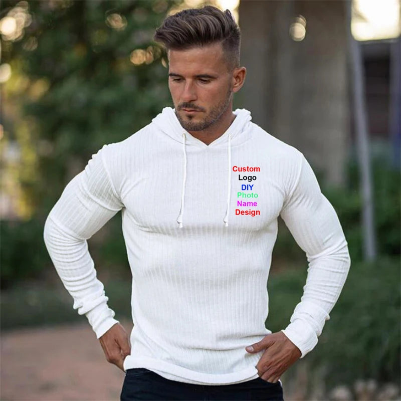 Design Brand Logo Custom DIY Fashion Knitted Hooded T-shirt Men Pit Stripe Slim Fit Thin Sweaters Long Sleeve Pullover Knittwear