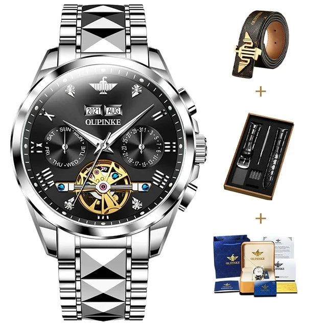 OUPINKE 3186 Men's Watches Luxury Mechanical Watch for Men Skeleton Flywheel Automatic Wristwatch Waterproof Luminous Man Watch