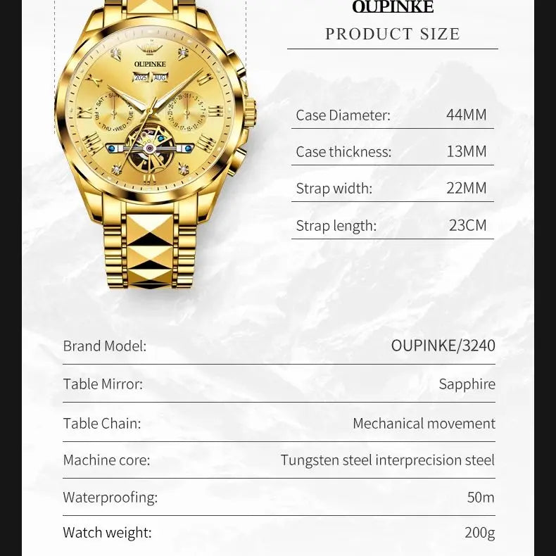 OUPINKE 3240 Tourbillon Men Watch Luxury Original Automatic Mechanical Watch Tungsten Steel Skeleton 44mm Large Dial Men Watch