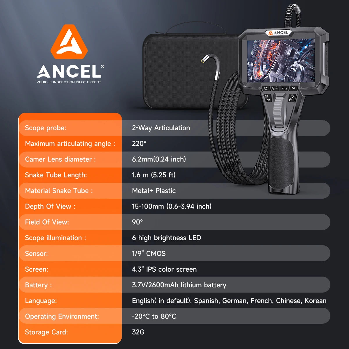 HD1080P Automotive Industrial Endoscope IP67 Waterproof 6.2mm Lens Pipe Sewer Inspection Tools Camera Borescope ANCEL AN301
