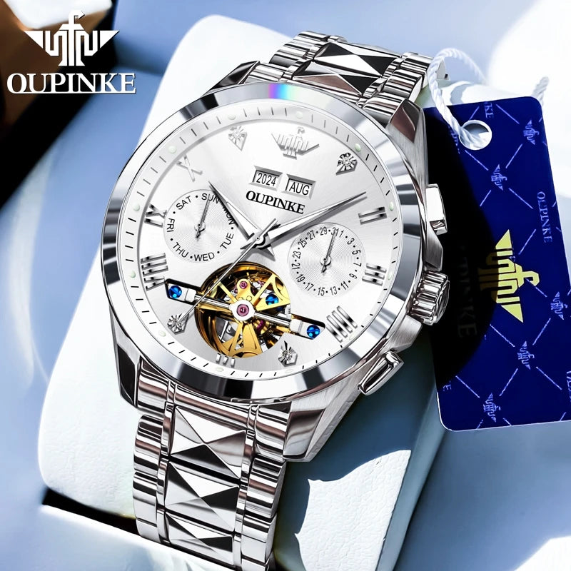 OUPINKE 3186 Original Luxury Man Watch Skeleton Flywheel Automatic Mechanical Watch for Men Waterproof Luminous Dress Wristwatch