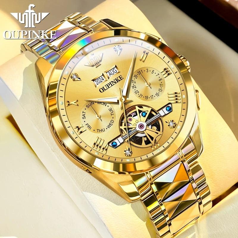 OUPINKE Classic Watch 3186 Multifunctional Skeleton Dial Waterproof Luminous Automatic Mechanical Watches