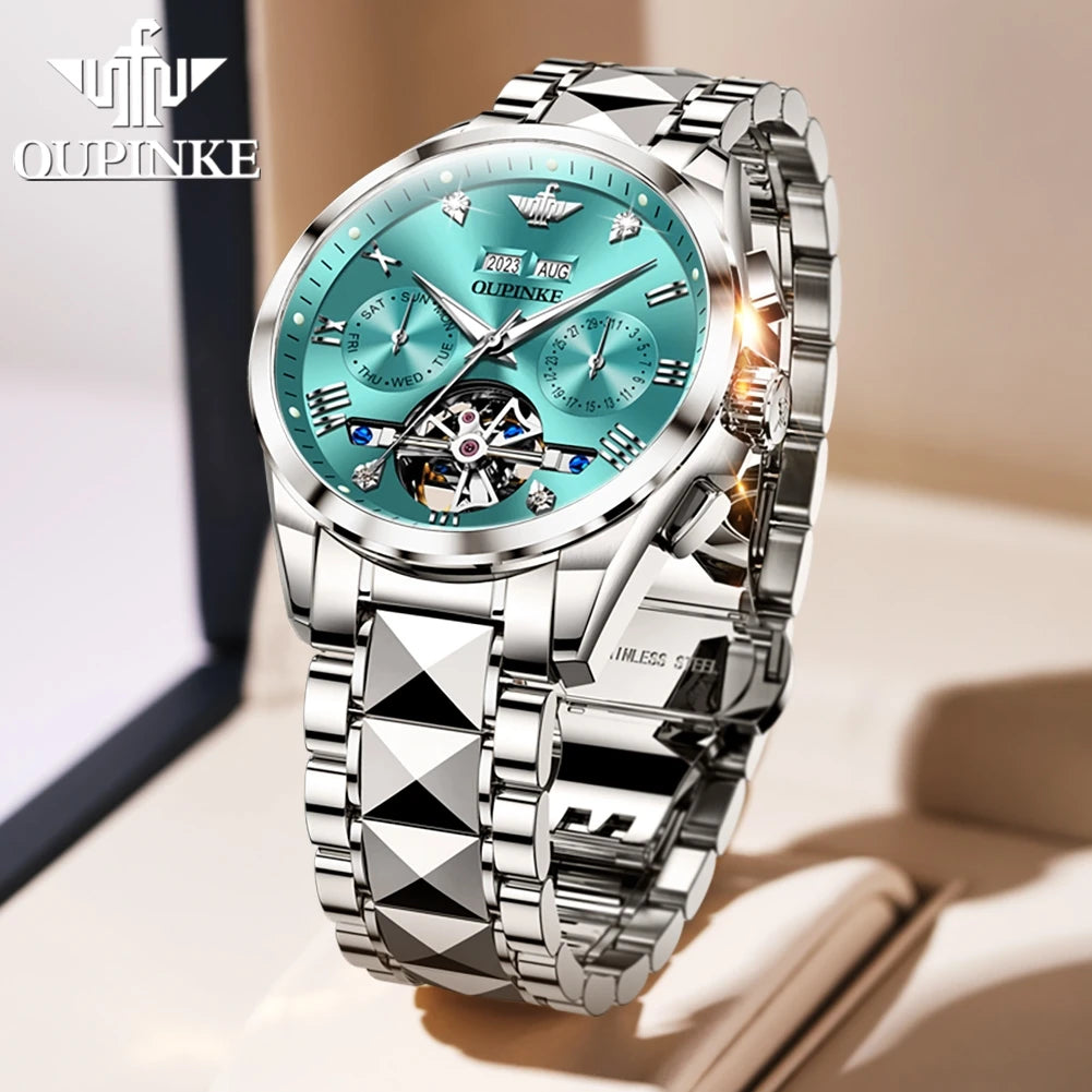 OUPINKE 3186 Original Luxury Man Watch Skeleton Flywheel Automatic Mechanical Watch for Men Waterproof Luminous Dress Wristwatch