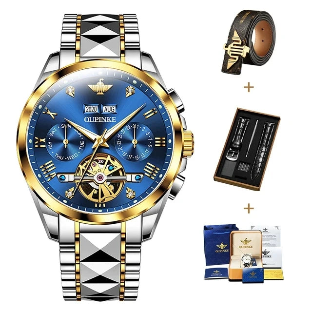 OUPINKE 3186 Men's Watches Luxury Mechanical Watch for Men Skeleton Flywheel Automatic Wristwatch Waterproof Luminous Man Watch