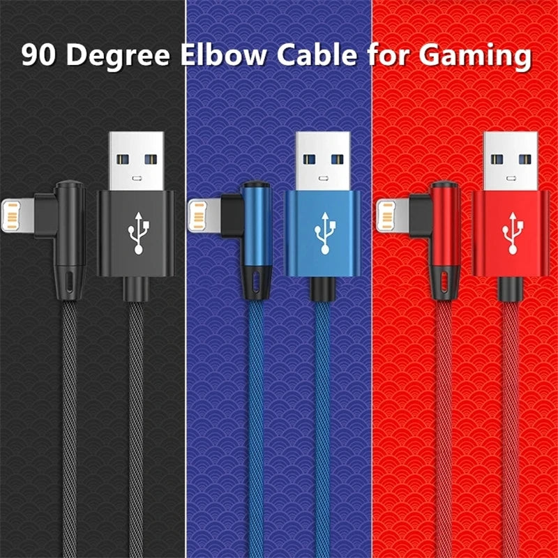 90 Degree Gaming Elbow Fast Charging USB Cable For iPhone 13 14 Pro Max X XR XS 11 12 mini 6S 7 8 Plus Quick Charge Data Cables