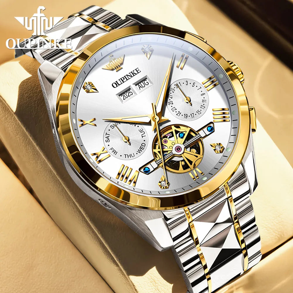 OUPINKE Men's Watches Top Brand Luxury Classic Original Automatic Mechanical Wristwatch Sapphire Mirror Tungsten Steel Calendar