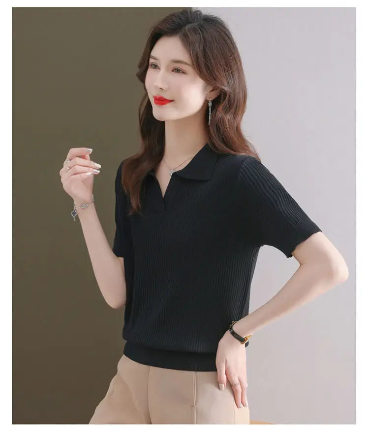 Knitted Short-sleeved T-shirt New Summer Design Sense Niche Tops Fashion Slimming Loose Ice Silk Body Shirt