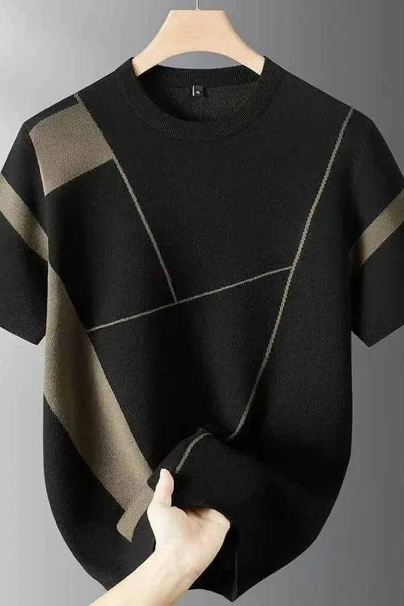 Modern Geometric Knit T-Shirt For Men Casual Daily Wear Soft Comfortable Short Sleeve Round Neck Design