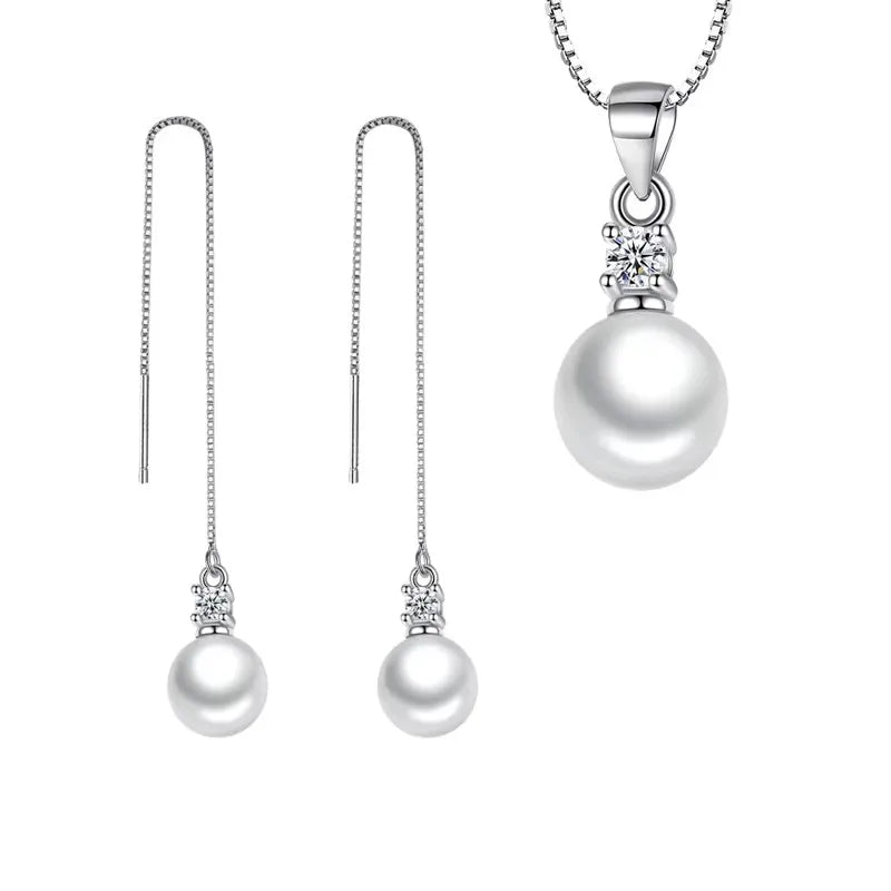 Real 925 Sterling Silver Crystal Pearl Pendant Necklace Long Drop Earrings Jewelry Sets For Women New Trendy FQL23091