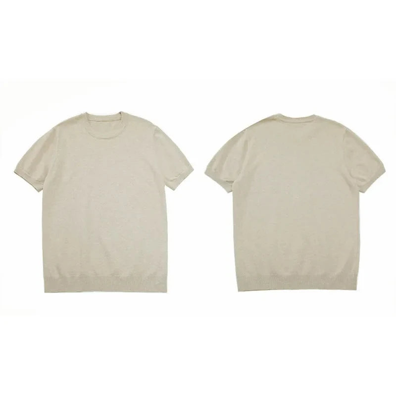 Men's High-Quality Solid Color Short Sleeve Knit T-Shirt - Slim Fit Round Neck Thickened Casual Top