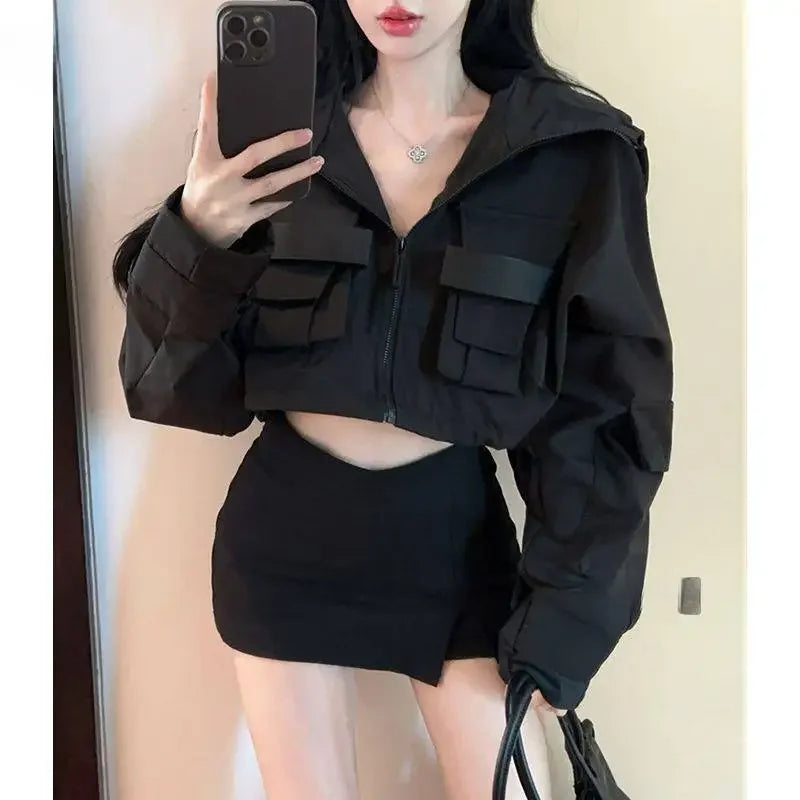 Fall Hot Sale Of The Season Women's Trendy Short Jacket Street Style Workwear Large Pocket Design Hooded Coat Casual Outerwea