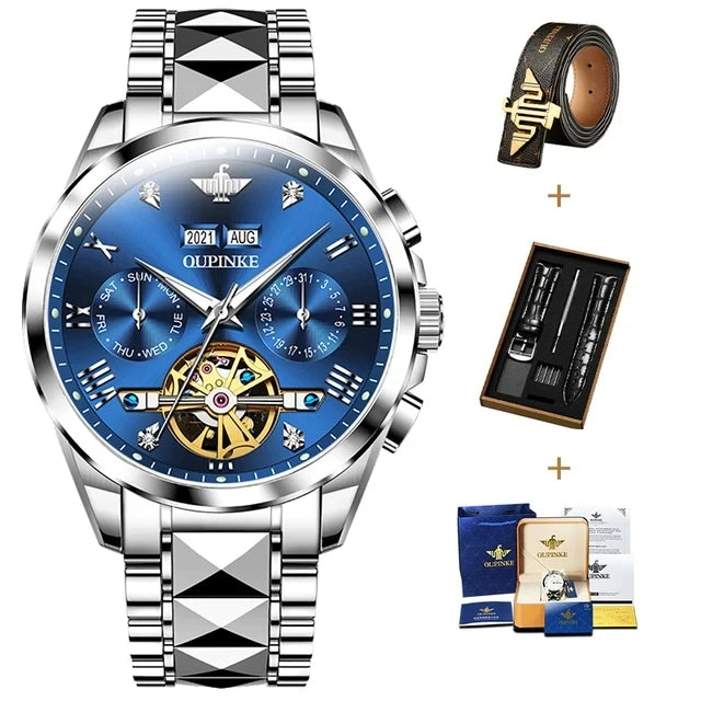 OUPINKE 3186 Men's Watches Luxury Mechanical Watch for Men Skeleton Flywheel Automatic Wristwatch Waterproof Luminous Man Watch
