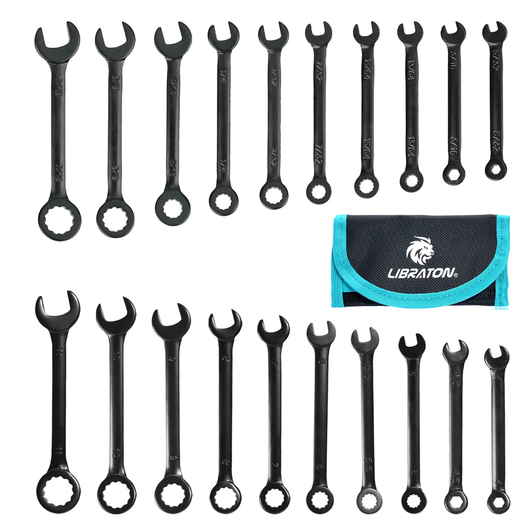 LIBRATON 20PCS Mini Wrench Set Metric 4-11mm & SAE 5/32''-7/16'' Open End and Box End Carbon Steel Lightweight Organizer Pouch