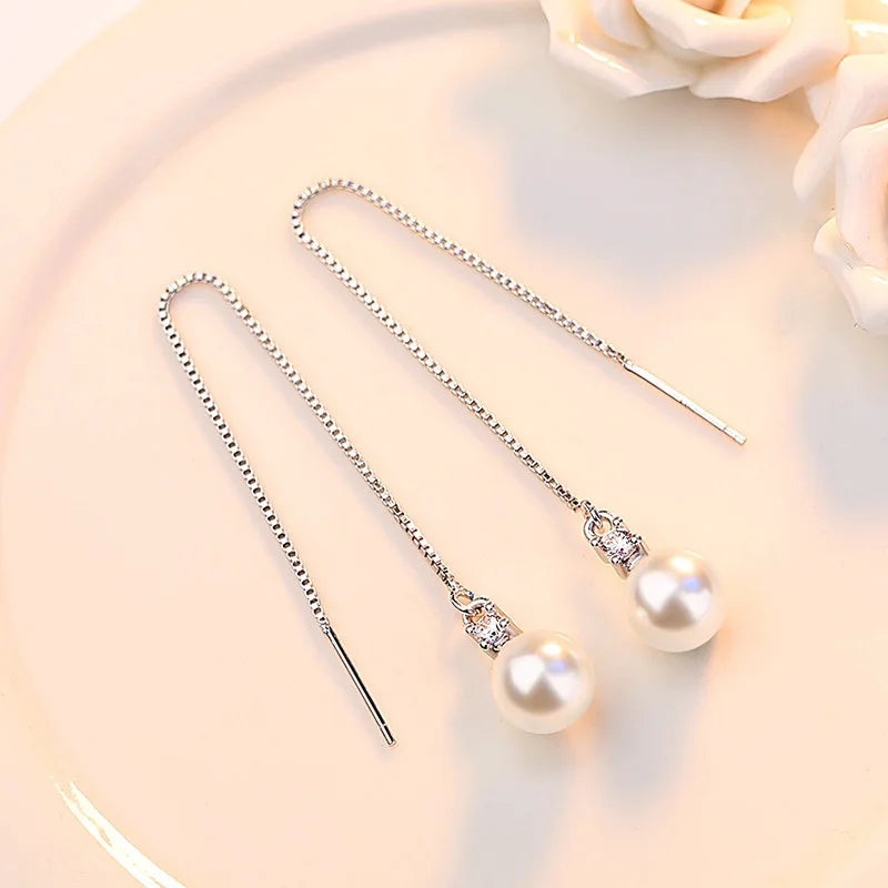 Real 925 Sterling Silver Crystal Pearl Pendant Necklace Long Drop Earrings Jewelry Sets For Women New Trendy FQL23091