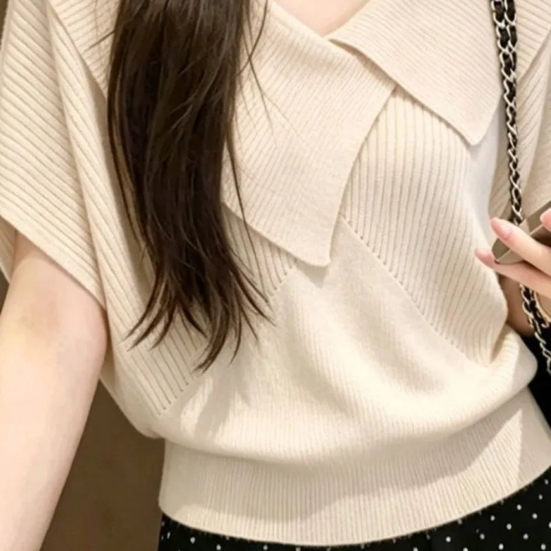 Knit T Shirt For Women Irregular Solid Spring Summer Ropa De Mujer Korean Fashion Versatile Elegant Chic Casual Short Tees
