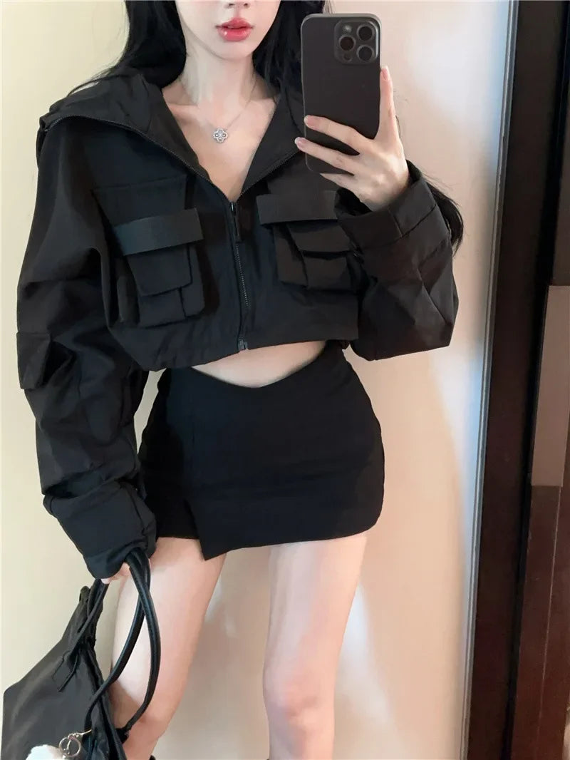 Fall Hot Sale Of The Season Women's Trendy Short Jacket Street Style Workwear Large Pocket Design Hooded Coat Casual Outerwea