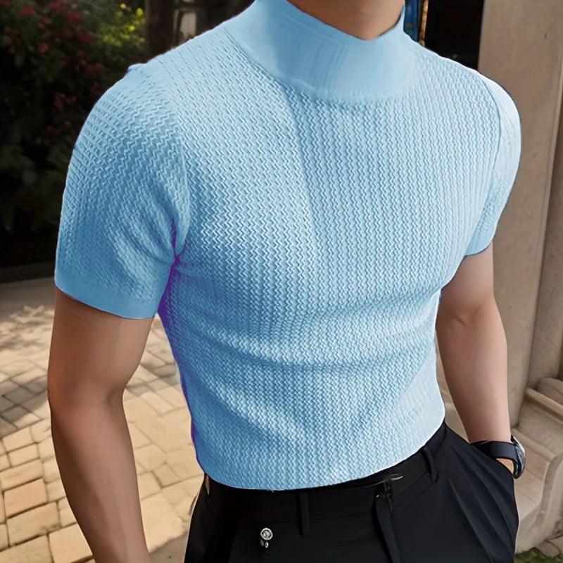 2024 Slim Fit Knitted T-shirt for Men Solid Turtleneck Casual Shirts Men's Short Sleeve Knit Sweater Bottoming Tops Streetwear