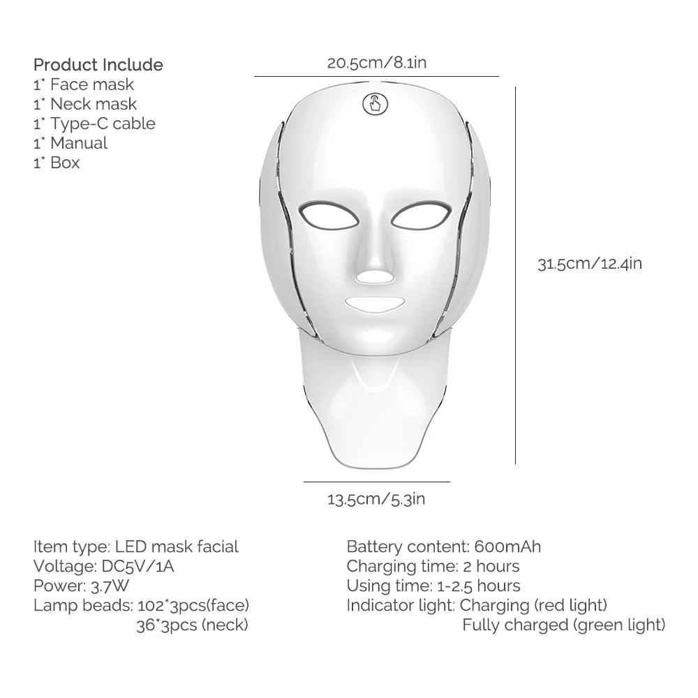 LED Facial Mask with Neck 7 Colors Light Therapy Red Light Facial Mask for Anti-Aging Rejuvenation Brighten Skin Beauty Device