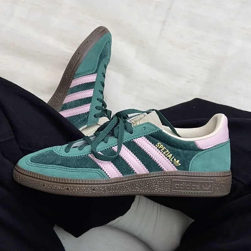 Adidas JI2648 Ladies Retro Casual Trainers Green Pink White Three Stripes Velvet Suede Lightweight Rubber Sole Daily  Sneakers