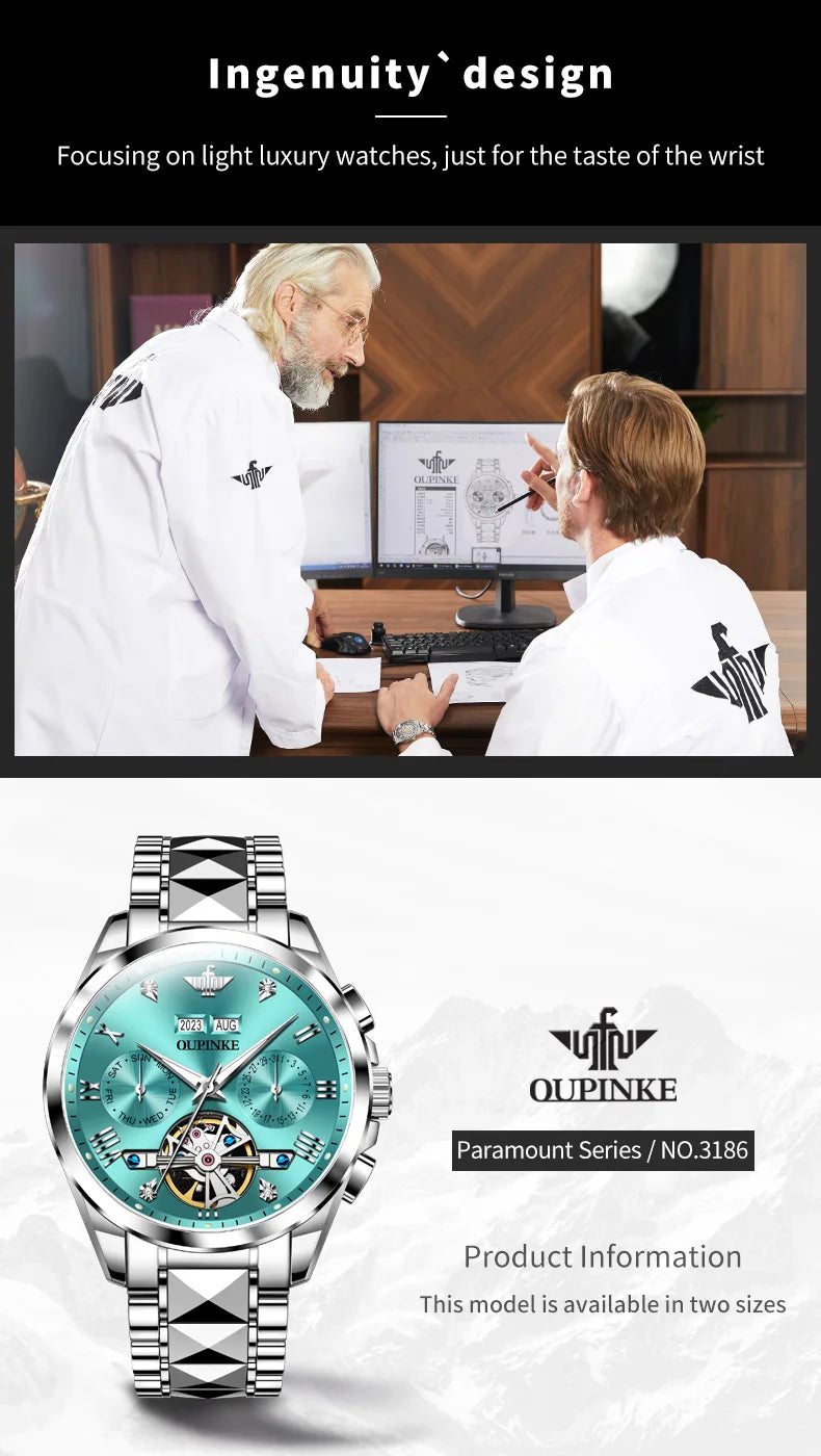 OUPINKE 3186 Men's Watches Skeleton Flywheel Automatic Mechanical Watch for Men Luxury Brand Dual Calendar Display Wristwatch