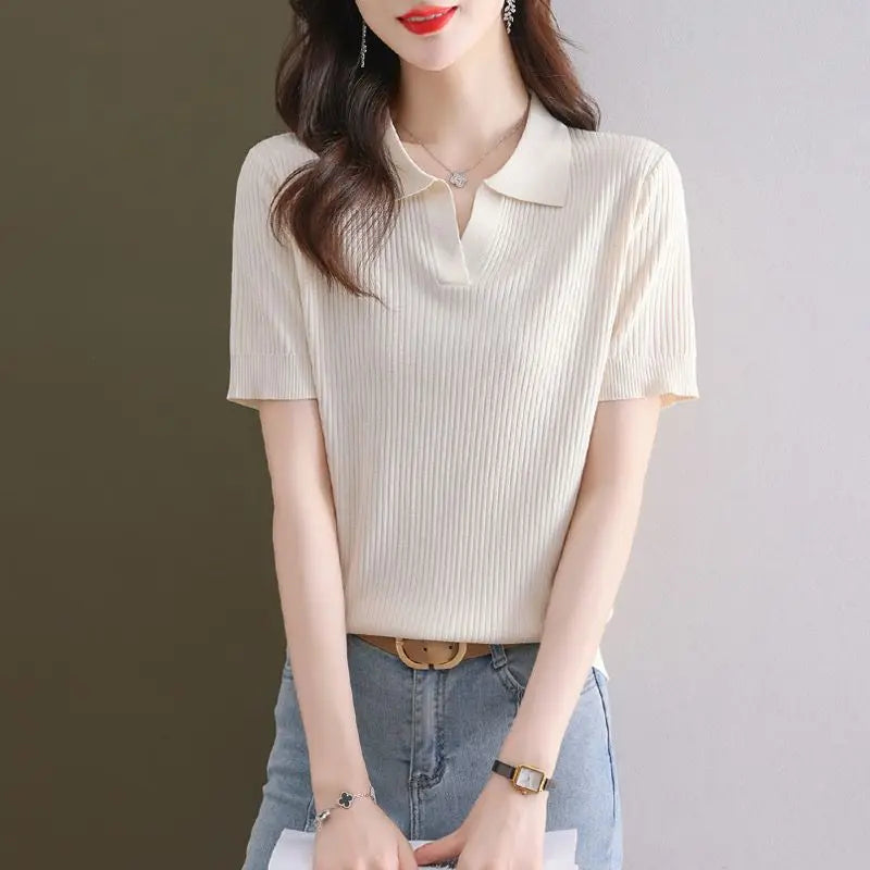 Knitted Short-sleeved T-shirt New Summer Design Sense Niche Tops Fashion Slimming Loose Ice Silk Body Shirt