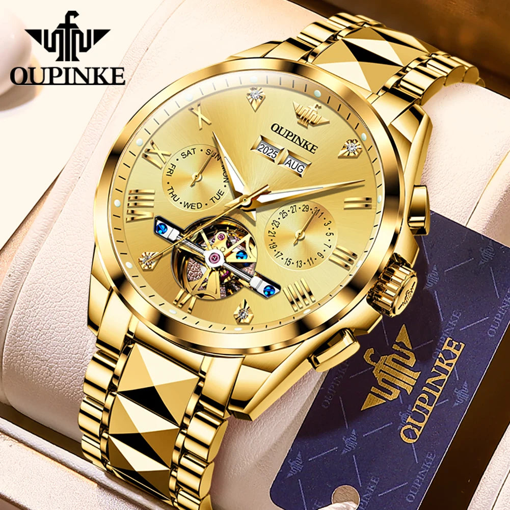 OUPINKE Men's Watches Top Brand Luxury Classic Original Automatic Mechanical Wristwatch Sapphire Mirror Tungsten Steel Calendar