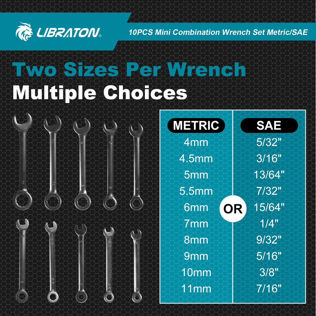 LIBRATON 20PCS Mini Wrench Set Metric 4-11mm & SAE 5/32''-7/16'' Open End and Box End Carbon Steel Lightweight Organizer Pouch