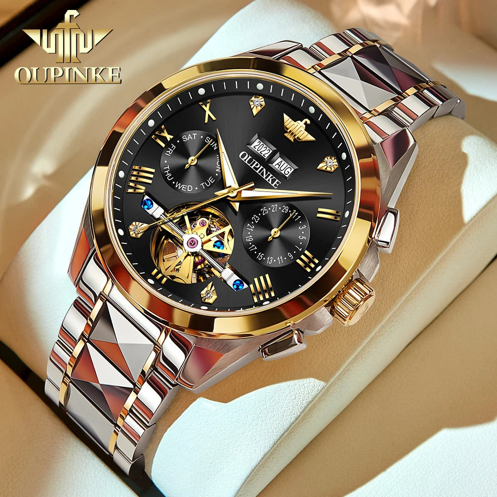 OUPINKE 3186 Automatic Mechanical Movement Watch Hollow Design HD Luminous 50m Waterproof Tungsten Steel Week Calendar Window Watch For Men