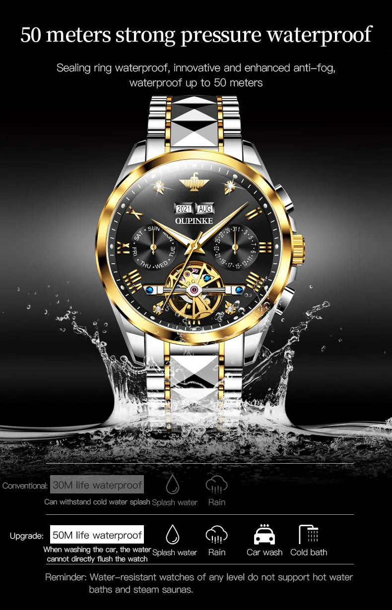 OUPINKE Tungsten Steel Automatic Mechanical Watch Men's 5Bar Waterproof Multi-functional Tourbillon Watches Relogio