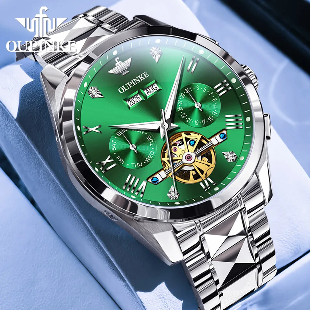 OUPINKE Men's Watches Top Brand Luxury Classic Original Automatic Mechanical Wristwatch Sapphire Mirror Tungsten Steel Calendar